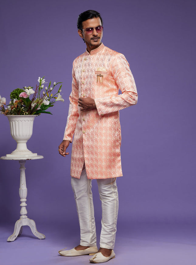Salmon Pink Banarasi Jacquard Indo Western Outfit