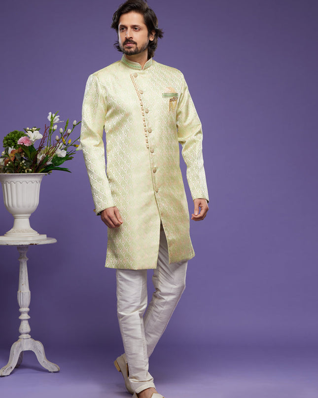 Pista Green Banarasi Jacquard Indo Western Outfit