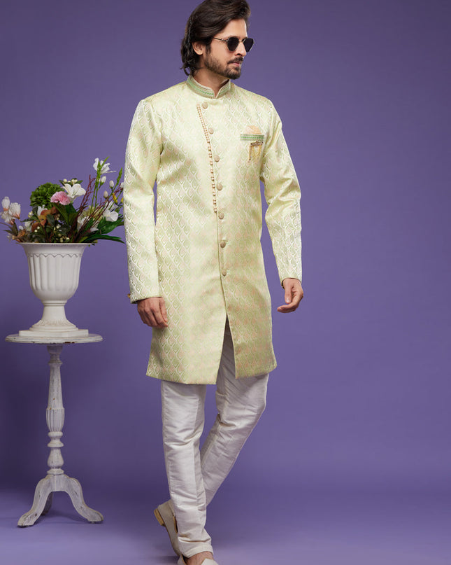 Pista Green Banarasi Jacquard Indo Western Outfit