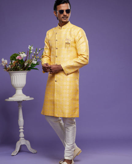 Yellow Banarasi Jacquard Indo Western Outfit