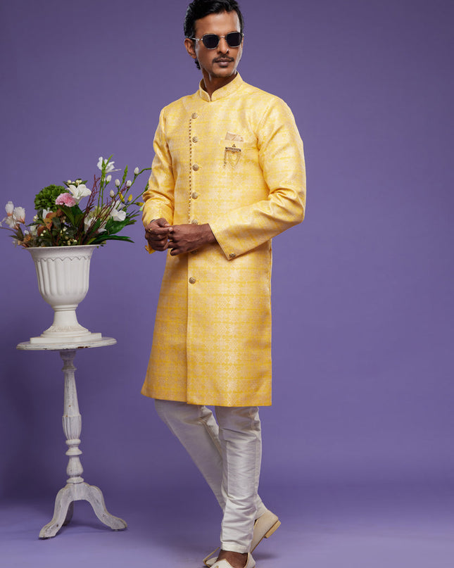 Yellow Banarasi Jacquard Indo Western Outfit