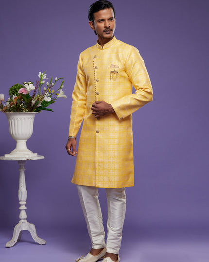 Yellow Banarasi Jacquard Indo Western Outfit