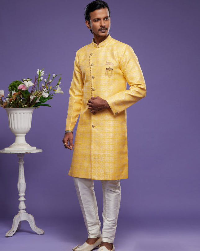 Yellow Banarasi Jacquard Indo Western Outfit