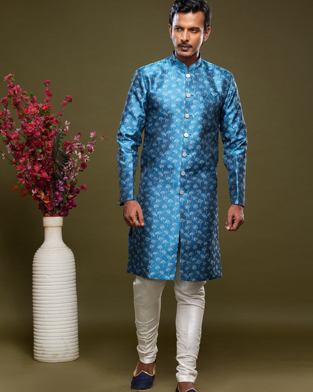 Azure Blue Banarasi Jacquard Indo Western Outfit