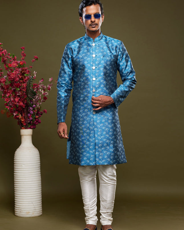 Azure Blue Banarasi Jacquard Indo Western Outfit