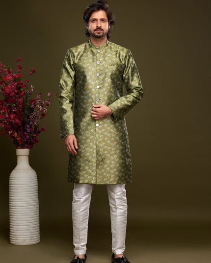 Olive Green Banarasi Jacquard Indo Western Outfit