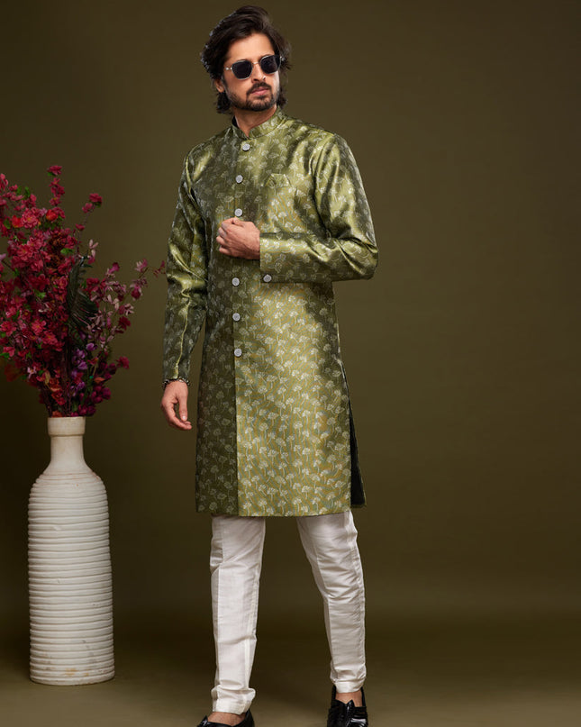Olive Green Banarasi Jacquard Indo Western Outfit