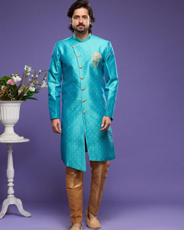 Teal Blue Banarasi Jacquard Indo Western Outfit
