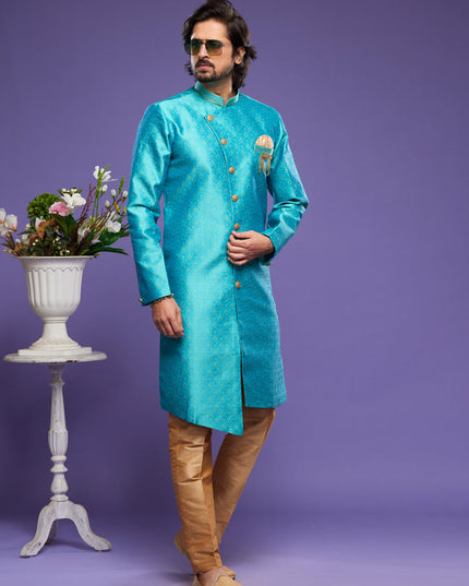 Teal Blue Banarasi Jacquard Indo Western Outfit