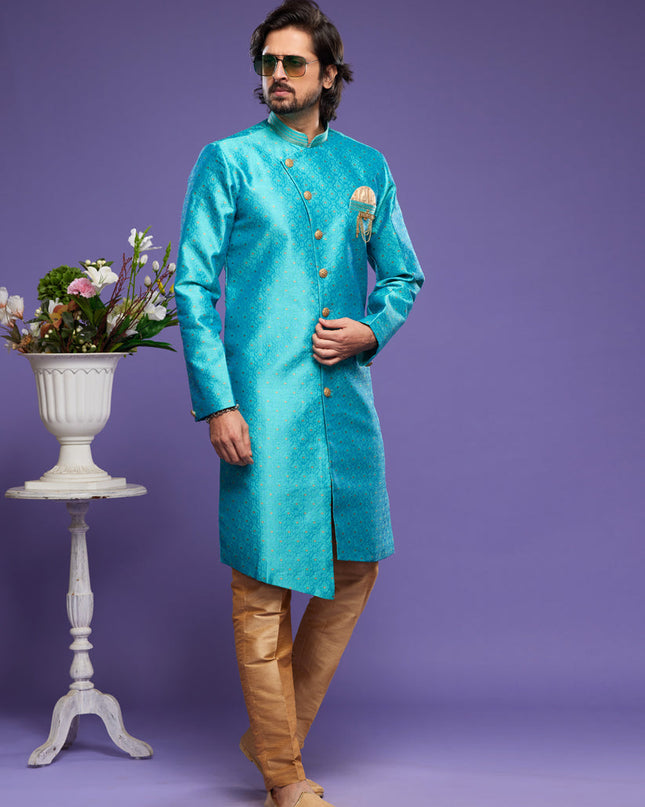 Teal Blue Banarasi Jacquard Indo Western Outfit