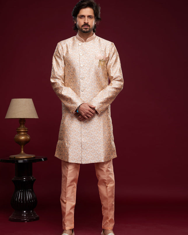 Peach Banarasi Jacquard Indo Western Outfit