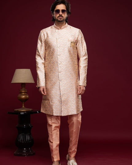 Peach Banarasi Jacquard Indo Western Outfit