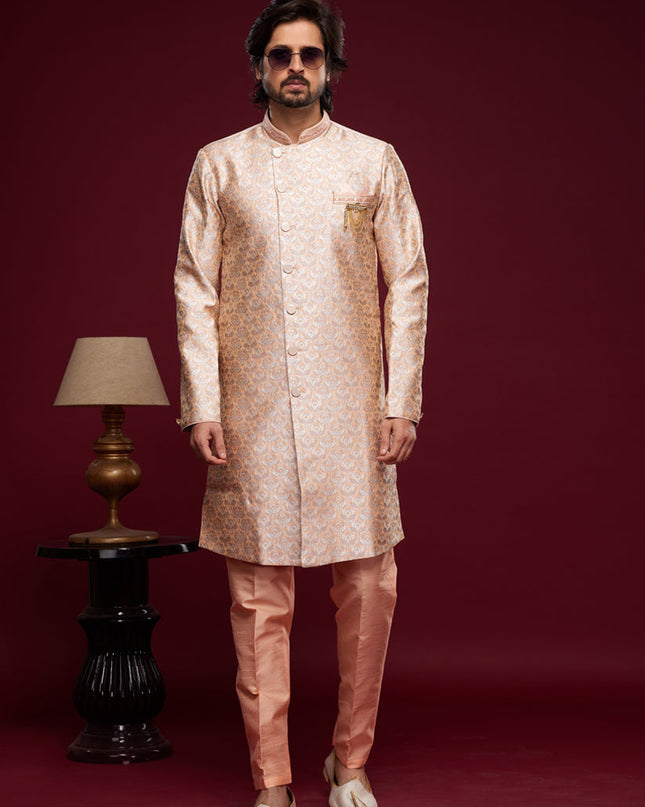 Peach Banarasi Jacquard Indo Western Outfit