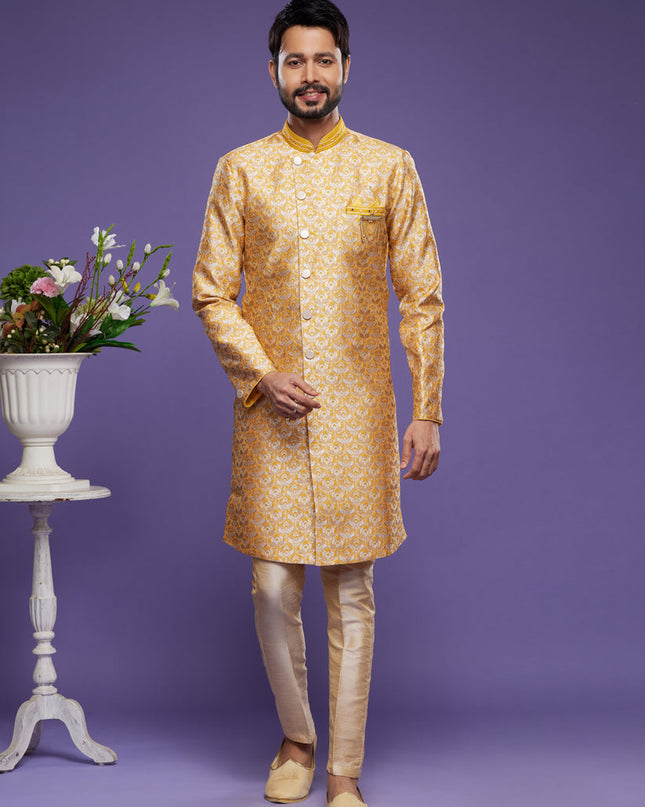 Yellow Banarasi Jacquard Indo Western Outfit