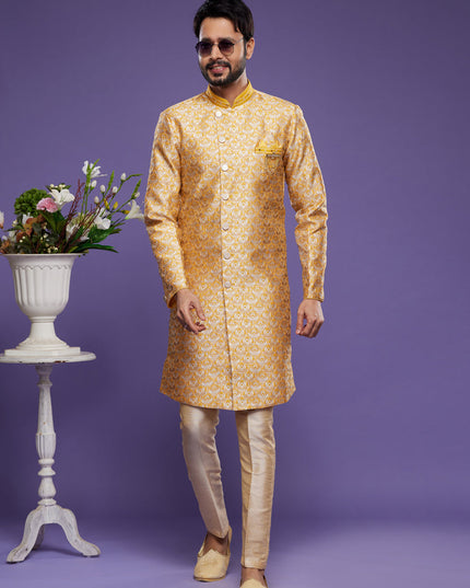 Yellow Banarasi Jacquard Indo Western Outfit
