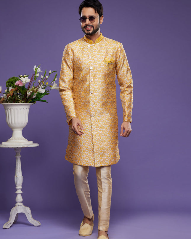 Yellow Banarasi Jacquard Indo Western Outfit