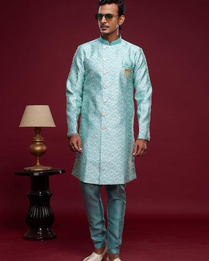 Turquoise Blue Banarasi Jacquard Indo Western Outfit