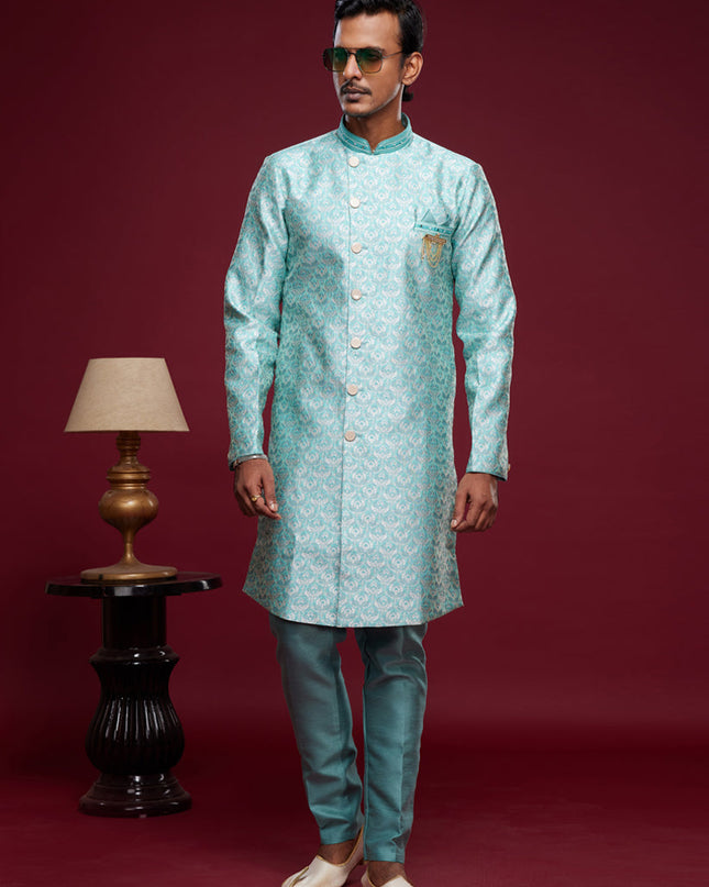 Turquoise Blue Banarasi Jacquard Indo Western Outfit
