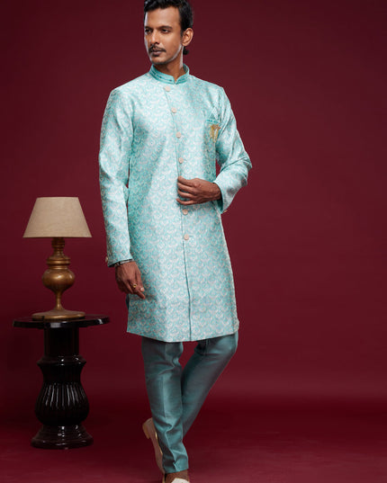 Turquoise Blue Banarasi Jacquard Indo Western Outfit