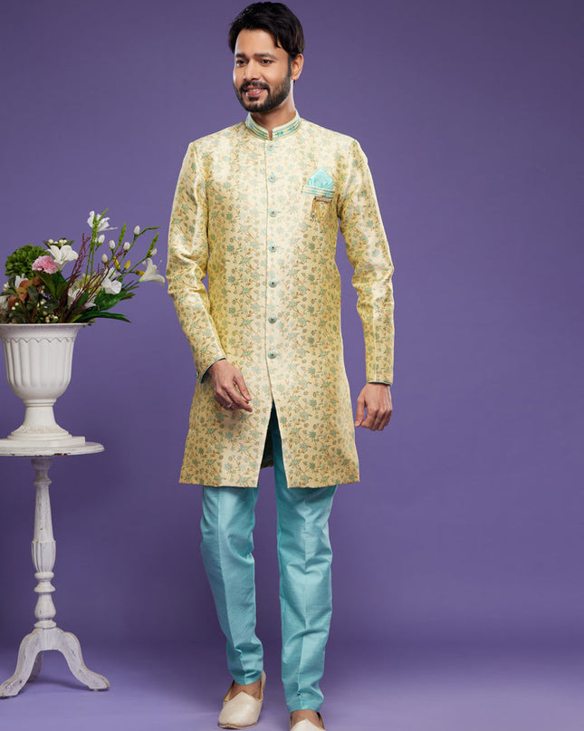 Yellow Banarasi Jacquard Indo Western Outfit