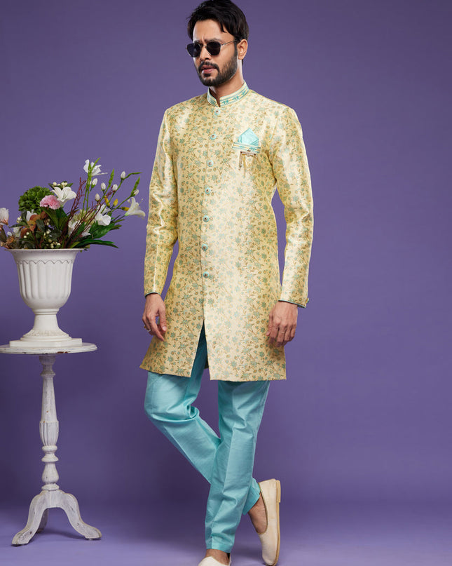 Yellow Banarasi Jacquard Indo Western Outfit