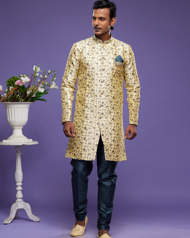 Golden Banarasi Jacquard Indo Western Outfit