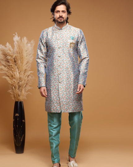 Turquoise Blue Banarasi Jacquard Indo Western Outfit