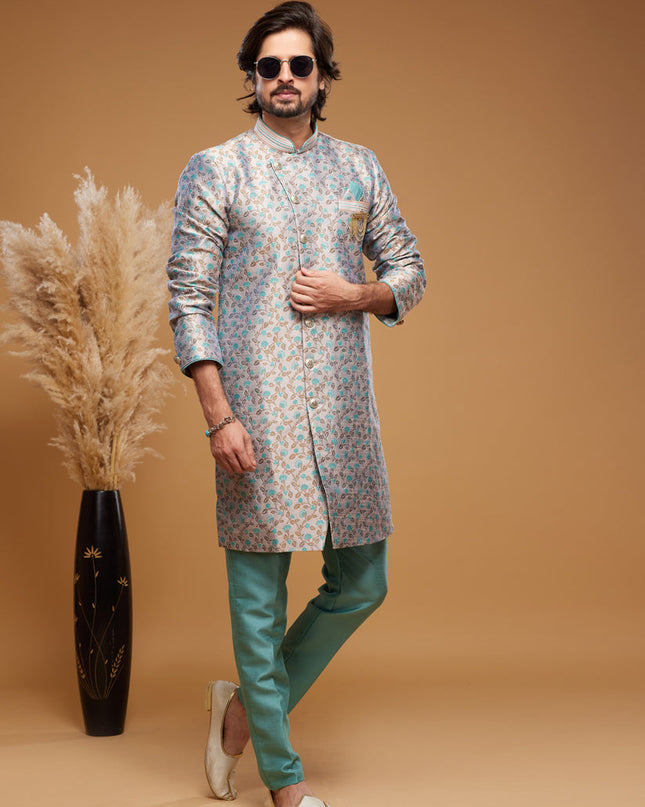 Turquoise Blue Banarasi Jacquard Indo Western Outfit