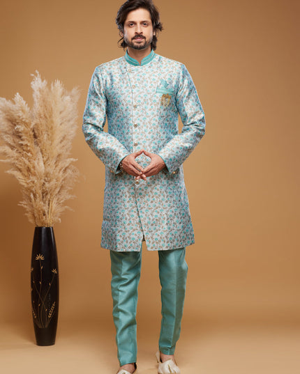 Turquoise Blue Banarasi Jacquard Indo Western Outfit