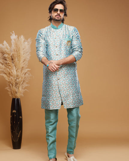 Turquoise Blue Banarasi Jacquard Indo Western Outfit
