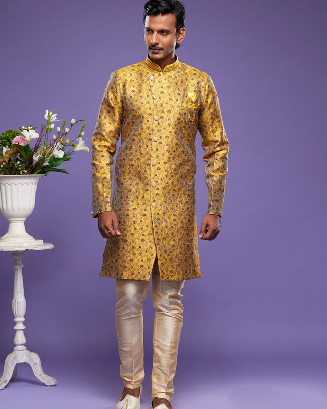 Golden Yellow Banarasi Jacquard Indo Western Outfit