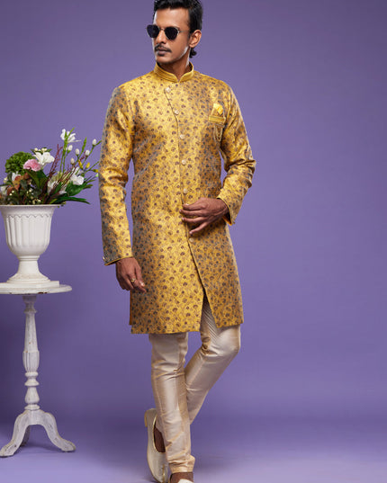 Golden Yellow Banarasi Jacquard Indo Western Outfit