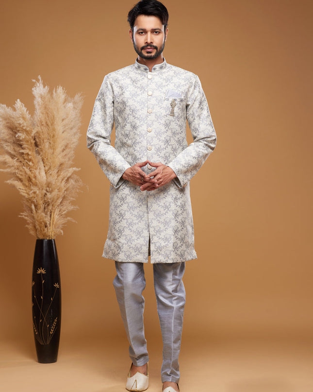 Off White Banarasi Jacquard Indo Western Outfit