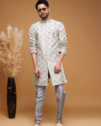 Off White Banarasi Jacquard Indo Western Outfit