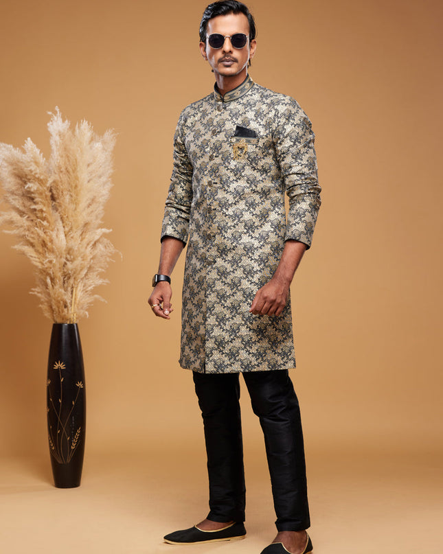 Beige Banarasi Jacquard Indo Western Outfit