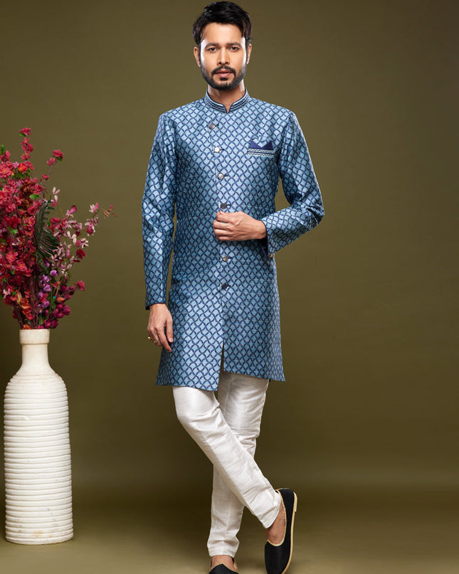 Navy Blue Banarasi Jacquard Indo Western Outfit