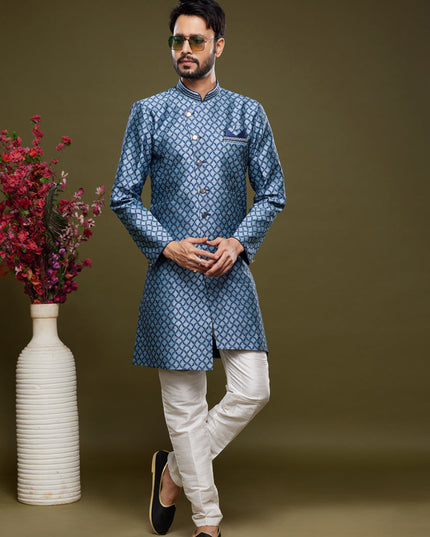 Navy Blue Banarasi Jacquard Indo Western Outfit