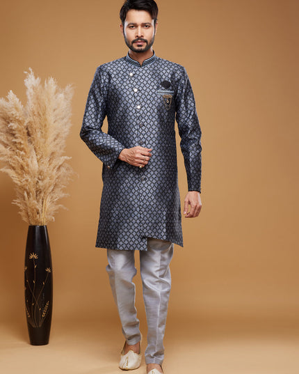 Navy Blue Banarasi Jacquard Indo Western Outfit