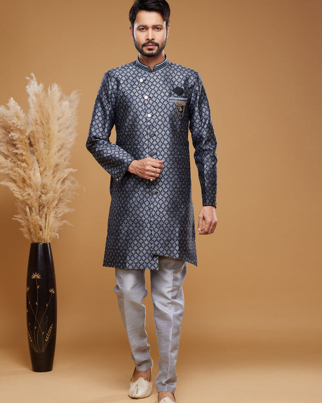 Navy Blue Banarasi Jacquard Indo Western Outfit