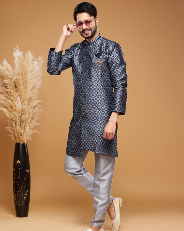 Navy Blue Banarasi Jacquard Indo Western Outfit