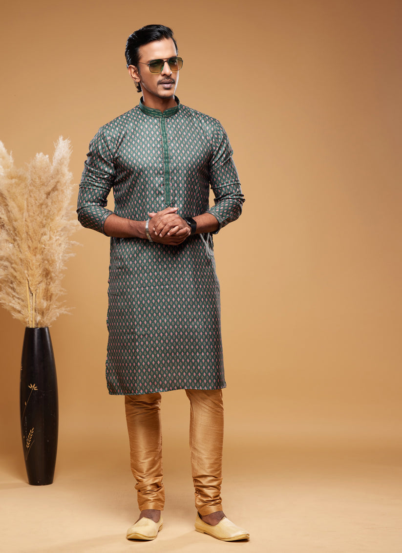 Bottle Green Art Silk Digital Printed Kurta Set