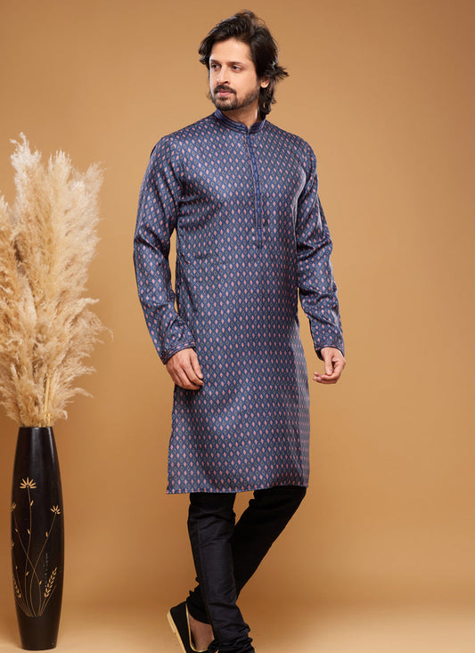 Navy Blue Art Silk Digital Printed Kurta Set