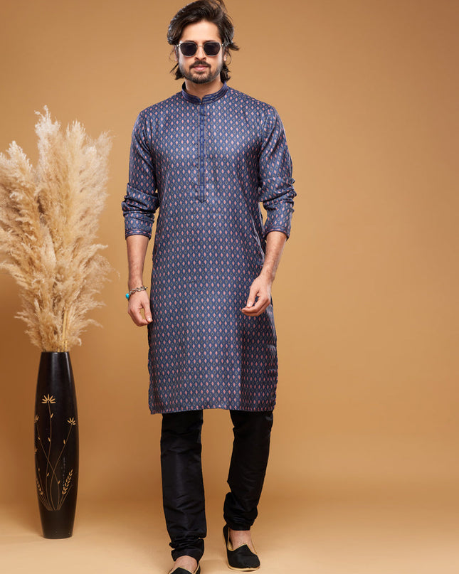 Navy Blue Art Silk Digital Printed Kurta Set