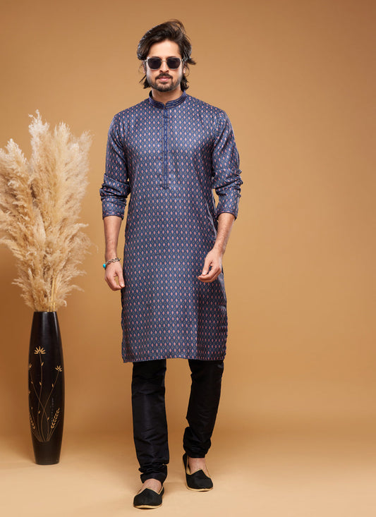 Navy Blue Art Silk Digital Printed Kurta Set