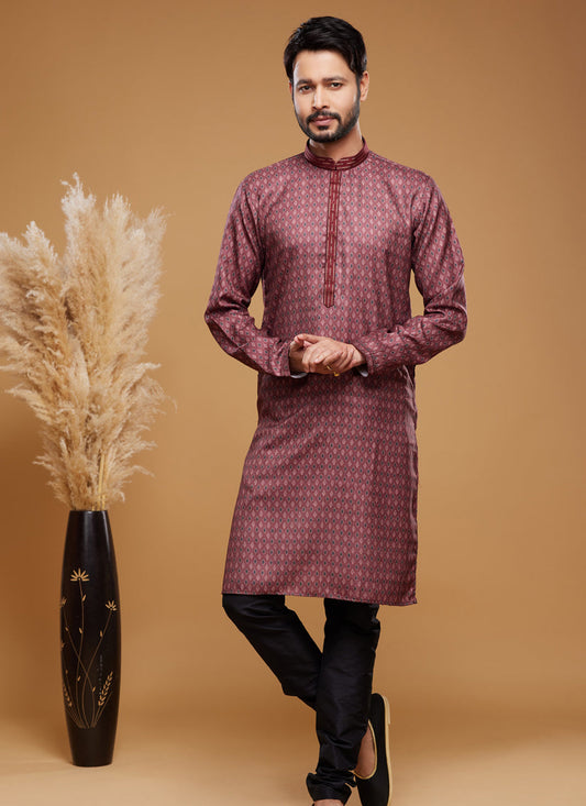 Maroon Art Silk Digital Printed Kurta Set