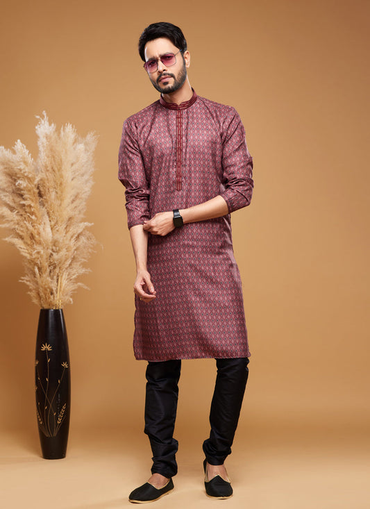 Maroon Art Silk Digital Printed Kurta Set