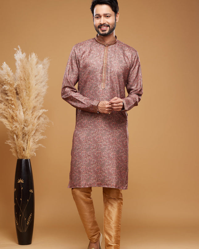Brown Art Silk Digital Printed Kurta Set