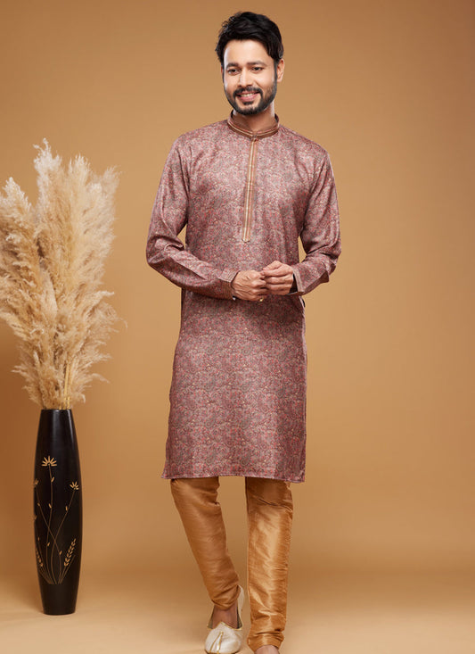 Brown Art Silk Digital Printed Kurta Set