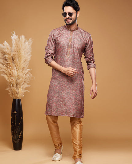 Brown Art Silk Digital Printed Kurta Set