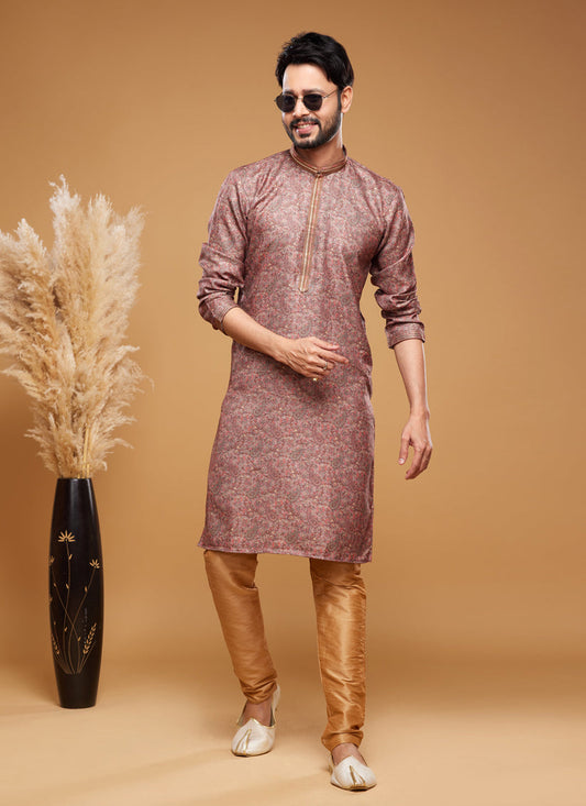 Brown Art Silk Digital Printed Kurta Set